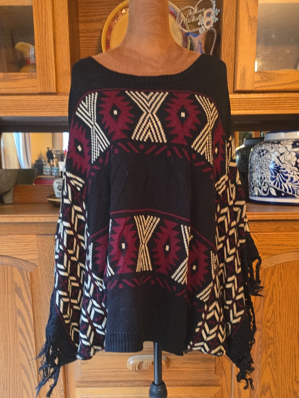Hannah Black Poncho Sweater with Burgundy & Cream Aztec Pattern